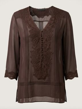 BCBGMaxAzria Dark Brown Crochet-Trim V-Neck Tunic 100% Silk Body Cotton Trim